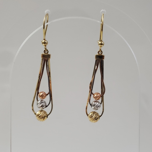 14K Gold Tricolor Bead Cascading Earrings - Picture 7 of 8
